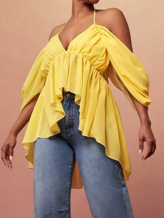Tops - Yellow Casual Women's Chiffon Off Shoulder Sleeve Asymmetrical Peplum Top